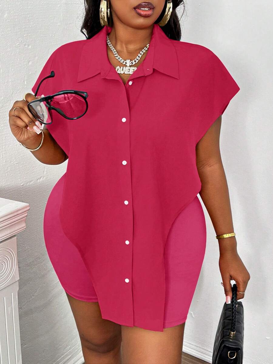 Slaydiva Chemise de vacances à manches courtes et cache-col rouge ample avec ourlet asymétrique, short moulant sexy avec design ajouré, ensemble 2 pièces pour femme grande taille - Rose vif - Voir 1