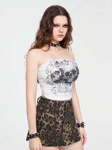 ROMWE Top feminino sem alças estampado com caveira e rosa no estilo Dark Gothic, com embelezamento de glitter e pedras de strass brilhantes - Branco - Visão 6