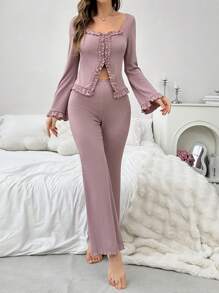 Lapel Collar & Ruffle Hem Split Design Women's Homewear Set - Dusty Pink - View 6