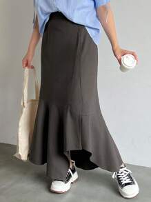 FRIFUL 女士纯色不对称鱼尾长款休闲裙，荷叶边