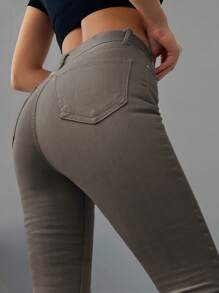 SHEIN Cottnline Vaqueros Ajustados Informales De Color Liso - Caqui - Ver 3