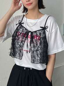 FRIFUL Ladies' Solid Color Simple Daily Wear Lace Bowknot Tie Back Tank Top - Black - View 7
