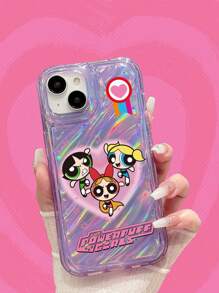 The Powerpuff Girls | ROMWE 1 pieza Estuche transparente de teléfono móvil con diseño de policía y efecto láser de papel de carta ondulado TPU morado transparente, adecuado para múltiples modelos como iPhone