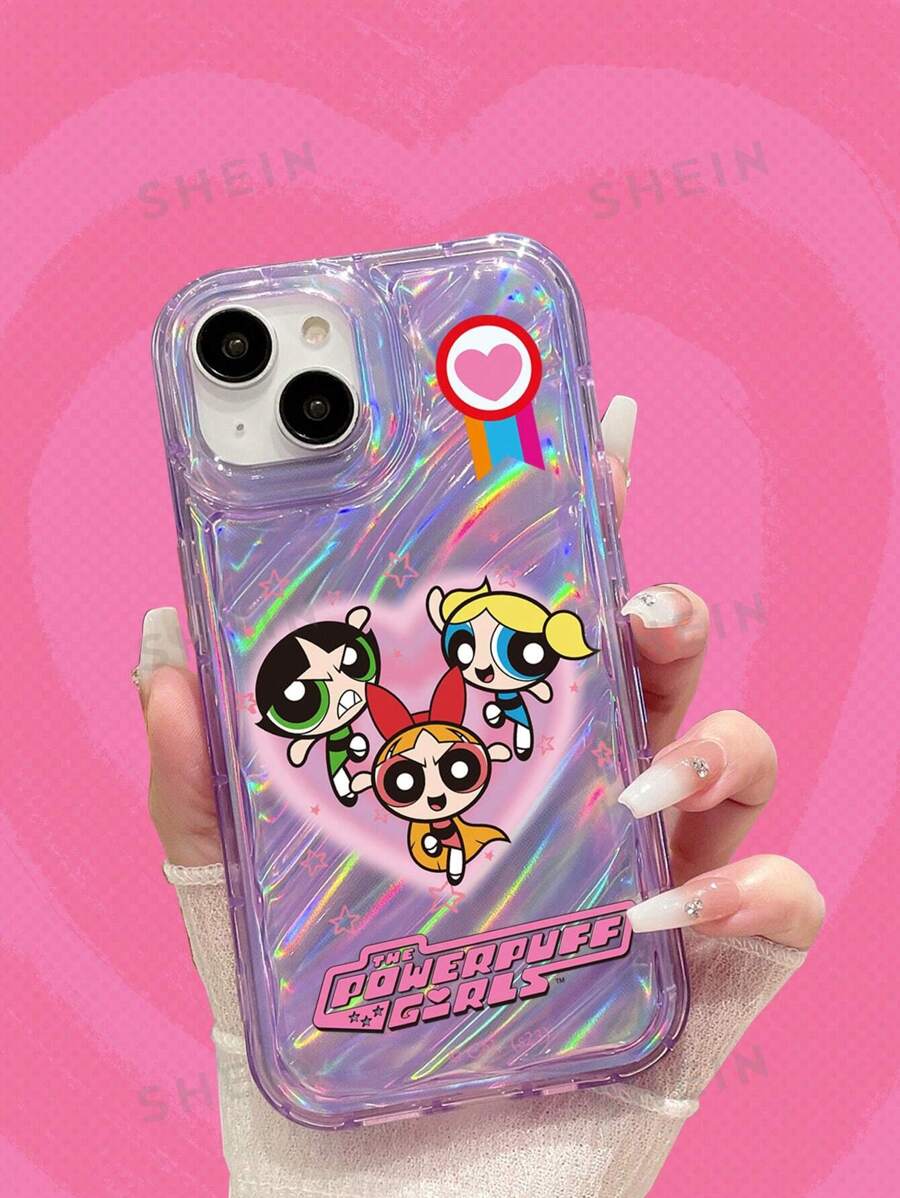 The Powerpuff Girls | ROMWE 1 pieza Estuche transparente de teléfono móvil con diseño de policía y efecto láser de papel de carta ondulado TPU morado transparente, adecuado para múltiples modelos como iPhone