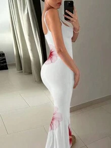 INAWLY 印花女士無袖肩帶Cami裙 - 白色 - 查看 2