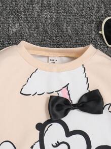 SHEIN Leap Crew Young Girls' Cute Rabbit Polka Dots Pattern Bow Detail Round Neck Loose Drop Shoulder Sweatshirt,In Fall/Winter - Apricot - View 4