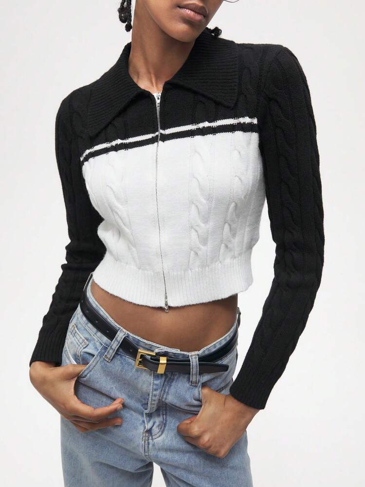 SHEIN Maija Color Block Lady's Lapel Casual Cardigan