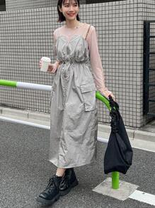 FRIFUL Women's Zipper Pockets Design Waist-Cinched Casual Dress Sundress - Light Grey - View 1