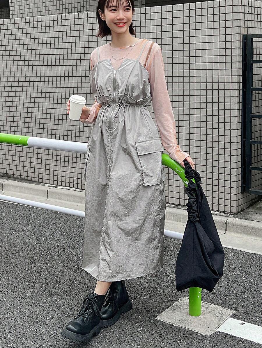 FRIFUL Women's Zipper Pockets Design Waist-Cinched Casual Dress Sundress - Light Grey - View 1