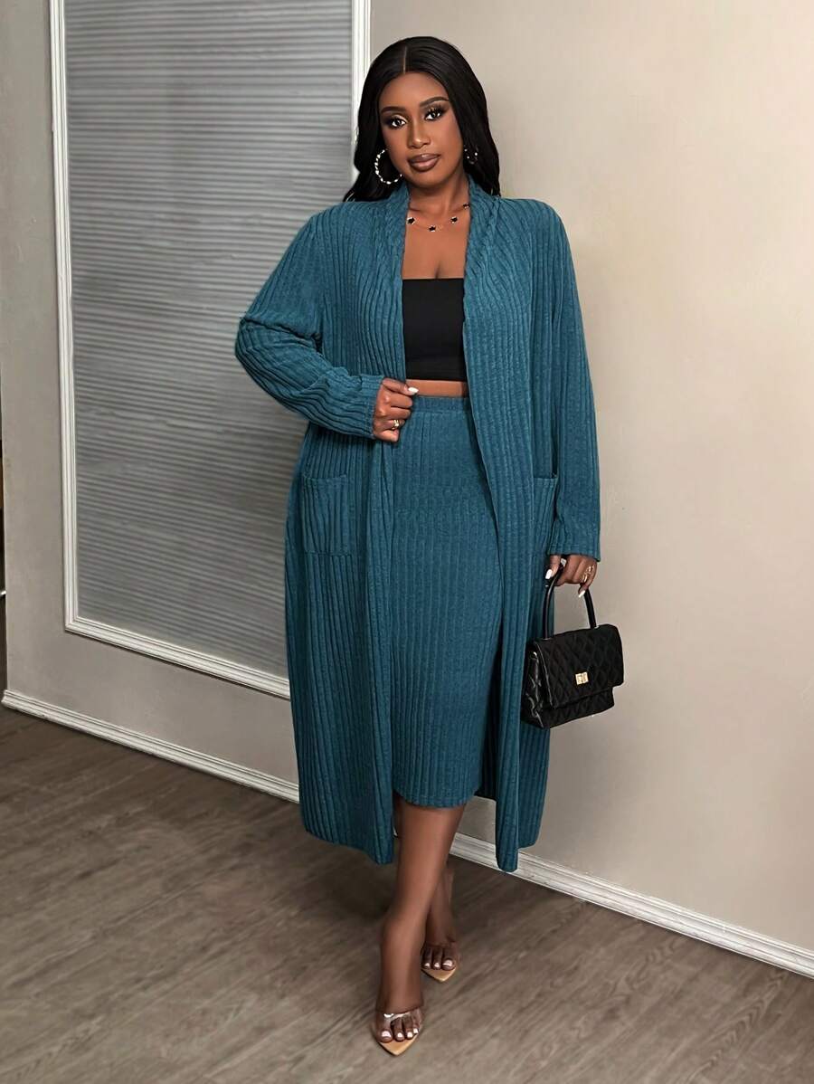 Slaydiva Plus Size Blue Fleece Knit Basic Casual Skirt Set With Long Cardigan For Early Autumn & Winter, B - Navy Blue - View 1