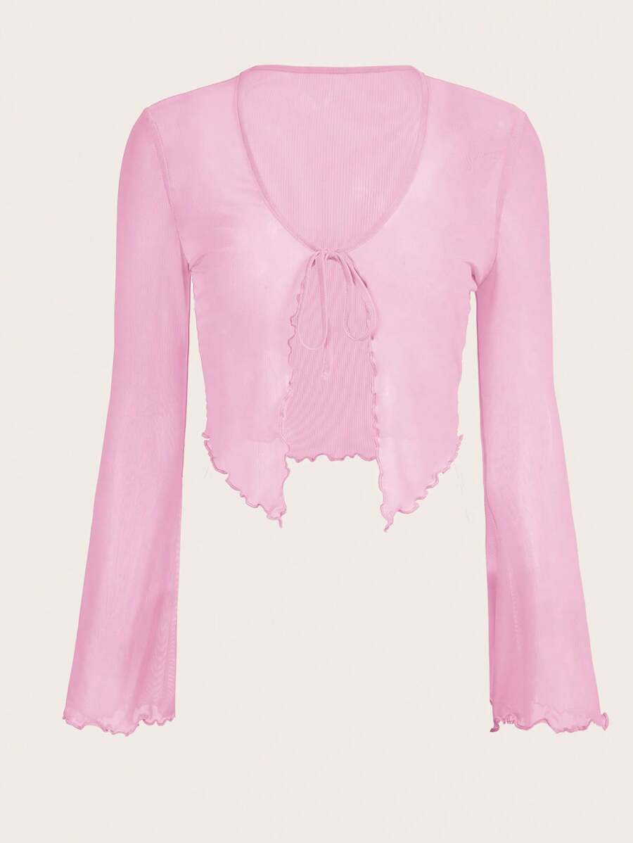 SHEIN ICON Áo lưới dài tay đơn giản hàng ngày màu trơn cho nữ - Hồng - Xem 1