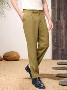 Manfinity VCAY Pantalones de traje de vestir tejidos para hombre con cintura media, corte recto largo y unicolor, adecuados para uso diario en primavera y verano.