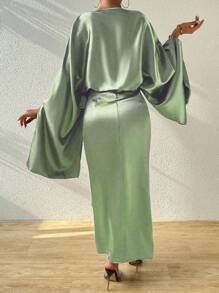Chiquease Solid Color Round Neck Long Sleeve Top And Draped Knot Skirt Elegant Two-Piece Set - Green - View 2