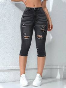 SHEIN EZwear 女士簡約破洞牛仔褲，夏季日常款帶織邊 - 灰色 - 查看 1