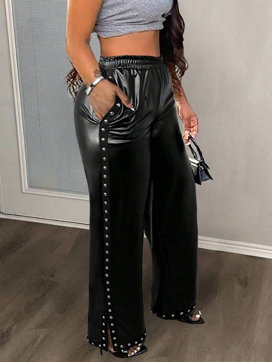 Slaydiva 設有鉚釘細節和分割式下擺的PU皮褲 - 黑色 - 查看 1