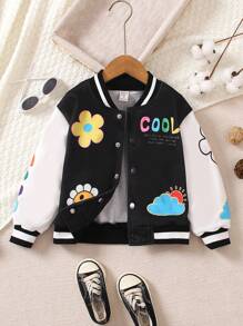 SHEIN Young Boy Cartoon Printed Baseball Jacket, Autumn/Winter Casual Sports Outdoor Coat, Warm And Comfortable Material, And Cozy Design