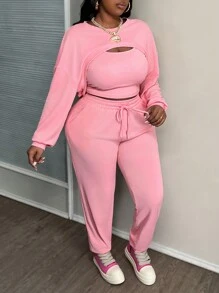 Slaydiva Bộ đồ vest không tay cơ bản thường ngày cỡ lớn, quần dài và áo len cardigan ngắn màu hồng, đầu thu/đông, có chân - Màu Hồng baby - Xem 4