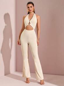 SHEIN BAE Women's Solid Color Back Tie Bodycon Jumpsuit With Metal Detailing, Casual Vacation
