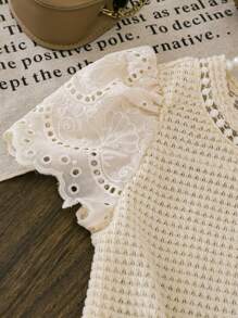 SHEIN LMoss Kids LMoss Young Girl Knitted Solid Color Round Neck Lace Ruffle Trim Fitted T-Shirt - Apricot - View 6