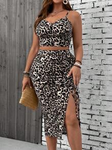 SHEIN VCAY Plus Size Leopard Print Cami Top And Slit Beach Skirt Set,Holiday Outfits - Multicolor - View 5