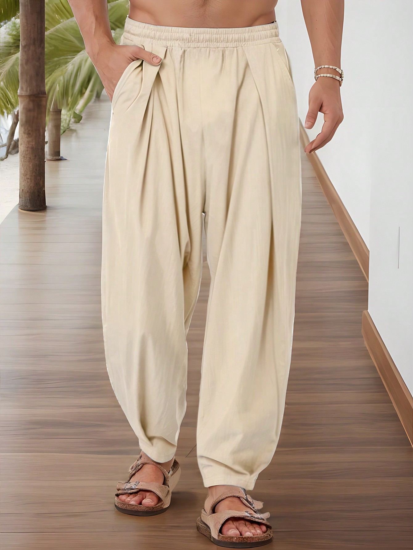 Manfinity Dauomo Men's Solid Color Wide-Leg Pants With Pocket, Casual