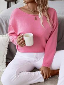 Plus Size Women Butterfly Decor Simple Pullover Sweater - Pink - View 7