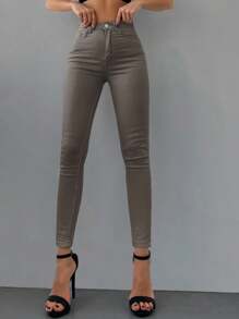 SHEIN Cottnline Vaqueros Ajustados Informales De Color Liso - Caqui - Ver 5