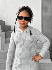 SHEIN Tween Girls Extended Size Basic Casual Knit Solid Color Long Sleeve Hooded Sheath Dress - Grey - View 5