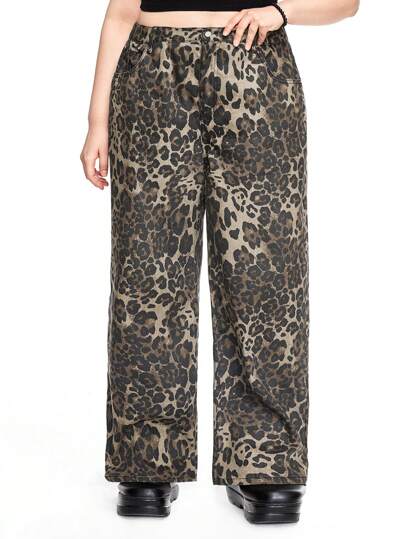 Grunge Punk Y2K Lässig Leopard Muster, weite Bein Jeans in Große Größen