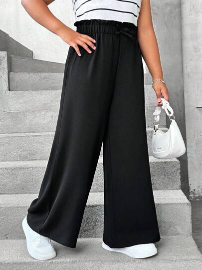 SHEIN Tween Girls Extended Size Loose And Casual, Solid Color, Comfortable High Waisted Wide Leg Pants With Frill Trim