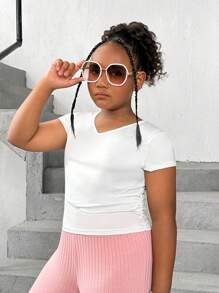 SHEIN 青少年女孩加大码休闲纯色圆领套头 T 恤，带侧褶饰，多件 - 彩色 - 查看 9