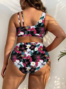 Swim Lushoire 夏季沙灘泳衣套裝，大花印花，含肩帶胸衣和比基尼下著，適用於大尺碼 - 黑與白 - 查看 2