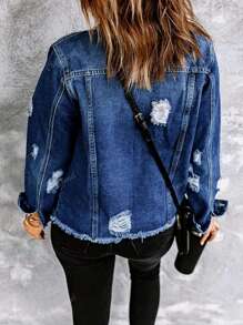 Women's Plain Simple Distressed Washed Denim Jacket, Suitable For Autumn