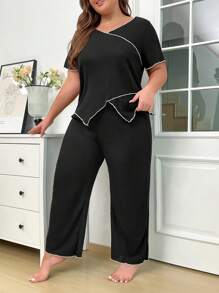 Plus Size Ribbed Colorblocked Trim V-Neck Short Sleeve Top And Pants Pajama Set - Black - View 3