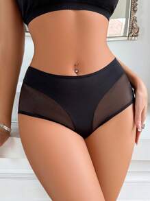 Pantis cómodos para mujer con contraste de unicolor y malla - Negro - Ver 2
