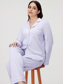LUVLETTE Blue Soft Basic Long Women Cotton Pajama Set Lounge Sets For Women Pants With Pockets