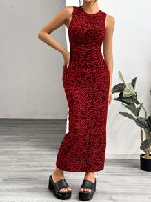 SHEIN EZwear Leopard Print Knitted Sleeveless Bodycon Dress For Women