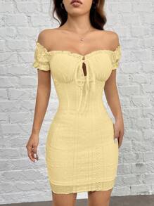 SHEIN EZwear Light Yellow Knitted Bodycon Dress With Pleated Off-Shoulder Detail - Yellow - View 3