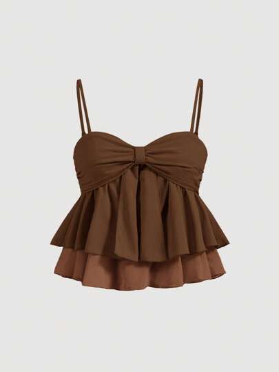 SHEIN MOD Women Summer Sweet Brown Pleated Ruffle Trim Camisole Top,Summer Crop Tops,Valentine Outfits.Brown Cotton Blend Peplum Top, Sleeveless, Spaghetti Straps, Bow Front, Layered Ruffle Hem, Sweetheart Neckline, Soft Fabric, Lightweight, Summer, Elegant, Feminine, Youthful, Flirty, Casual, Solid Color, Comfortable, Cute Design, Relaxed Fit, Retro Style