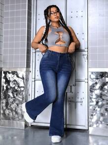 SHEIN ICON Women Plus Size Fashionable Flare-Leg Jeans For Daily - Dark Wash - View 4