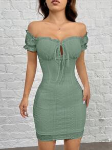 SHEIN EZwear Đầm bodycon dệt kim màu xám xanh có vai xếp nếp - Màu xanh Ô liu - Xem 3