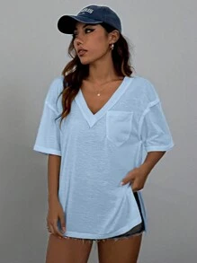 Muchica Áo cổ chữ V trễ vai xuyên thấu, kỳ nghỉ thông thường - Màu xanh nhạt - Xem 6