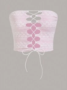 Sweetina 女士夏季性感修身雙層拼色提花交叉綁帶胸圍上衣