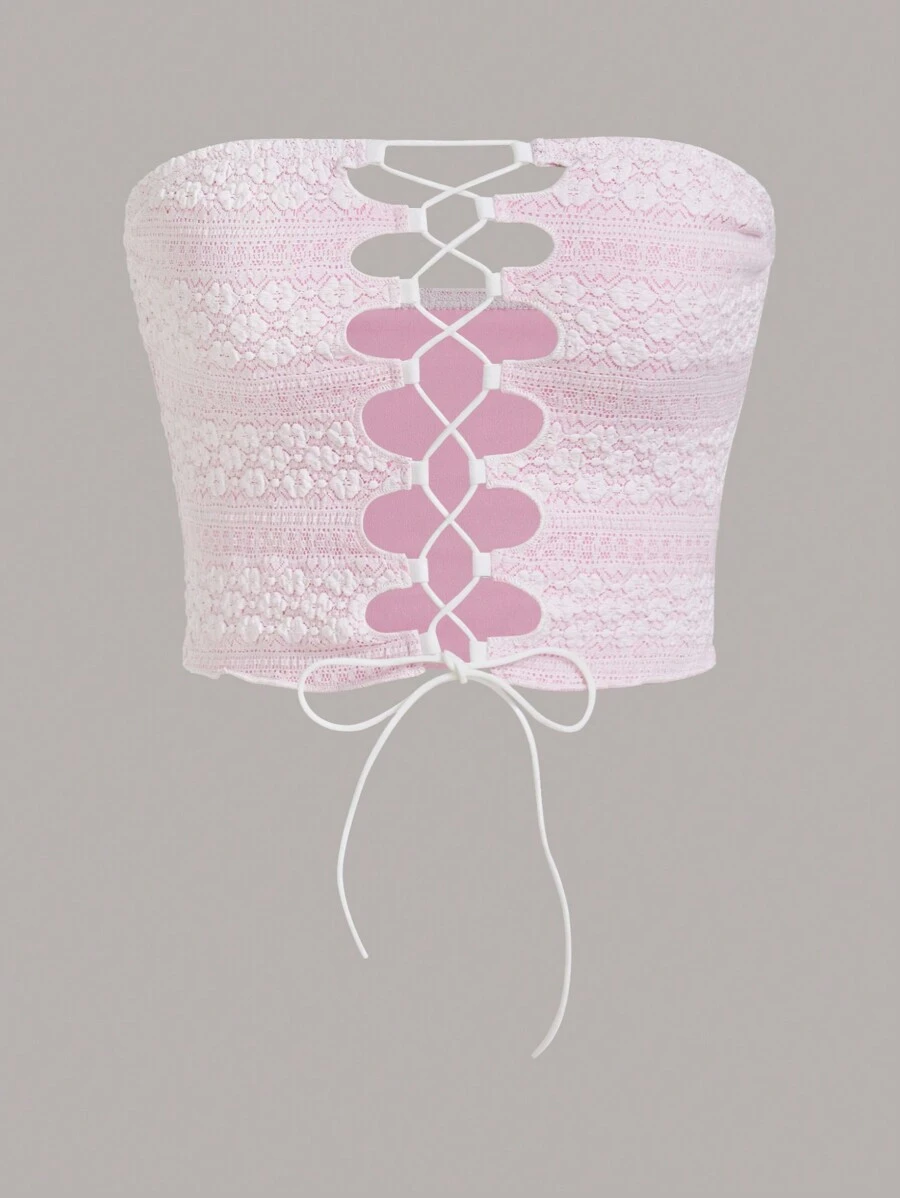 Sweetina 女士夏季性感修身雙層拼色提花交叉綁帶胸圍上衣