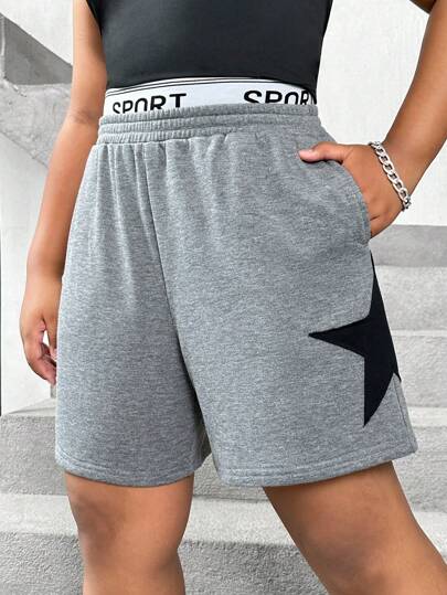 SHEIN Shorts casuales de talle medio para niñas preadolescentes con talla extendida, ajuste holgado, estampado de letras y bloque de color de estrella de cinco puntas