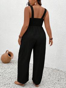 SHEIN Clasi 加大码纯色无袖连体裤，配有宽肩带和口袋 - 黑色 - 查看 2