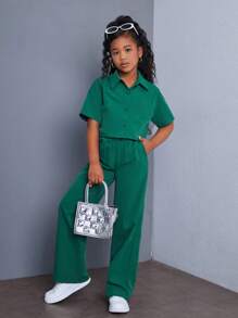 SHEIN Conjunto de camisa de manga corta holgada y casual de unicolor y pantalones anchos para niñas preadolescentes con bolsillos de parche