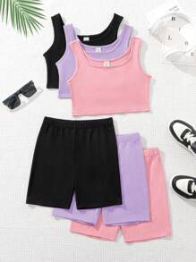 SHEIN 针织纯色露脐上衣和连体短裤休闲套装，适合青少年女孩，多件套 - 淺粉色 - 查看 1