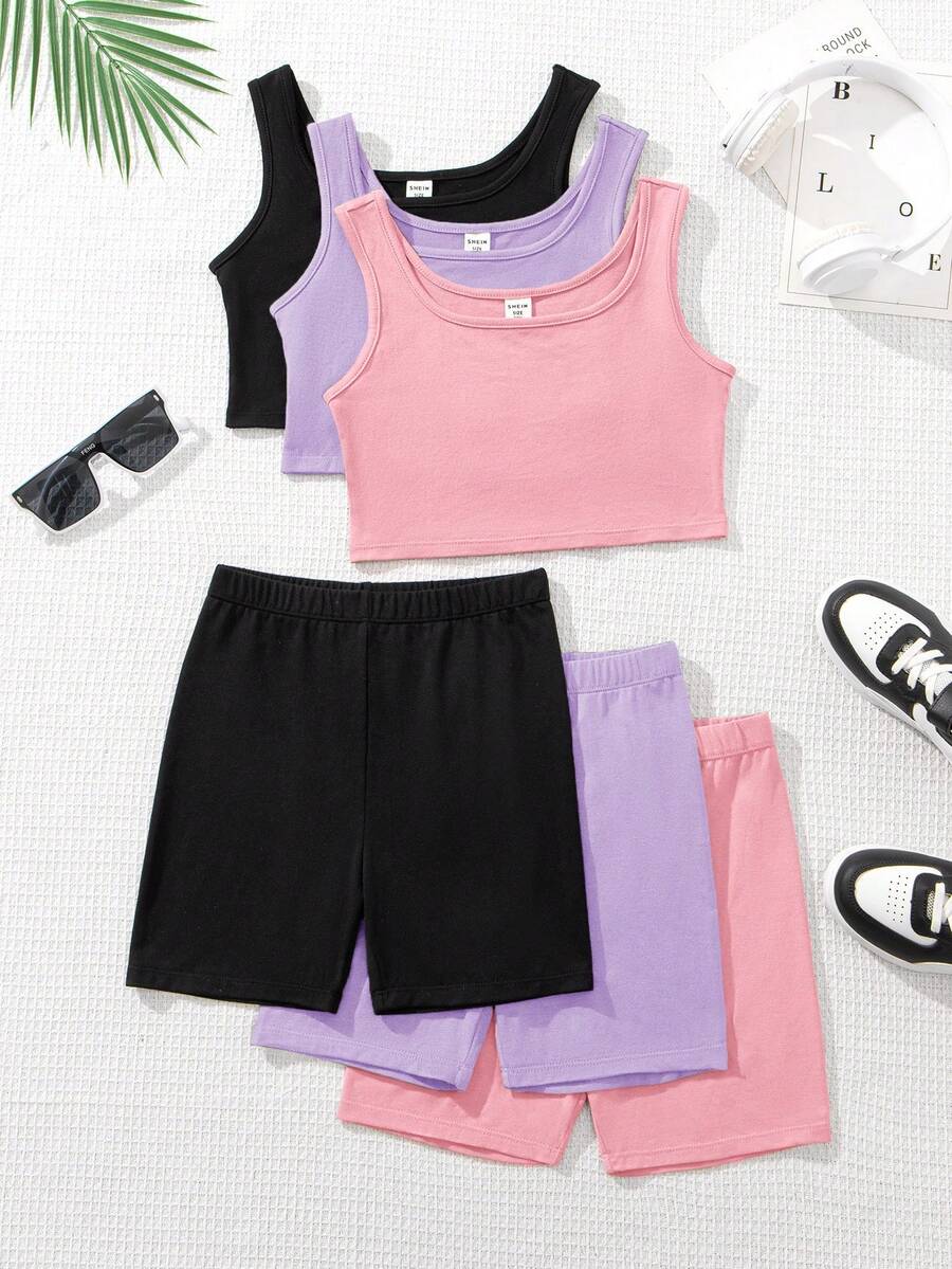 SHEIN 针织纯色露脐上衣和连体短裤休闲套装，适合青少年女孩，多件套 - 淺粉色 - 查看 1