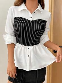 Muchica Spring/Summer Black & White Striped Loose Fit Long Sleeve Shirt With 2 In 1 Design - Black and White - View 4